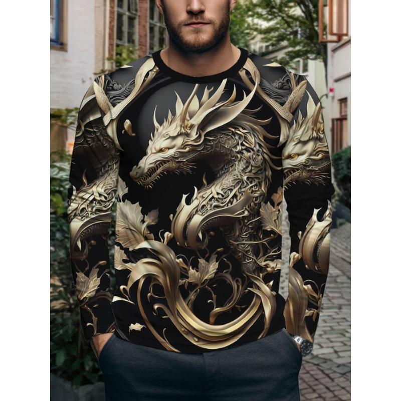 Men S Long-Sleeve T-Shirt with a Powerful Dragon Pattern in Chinese Style S