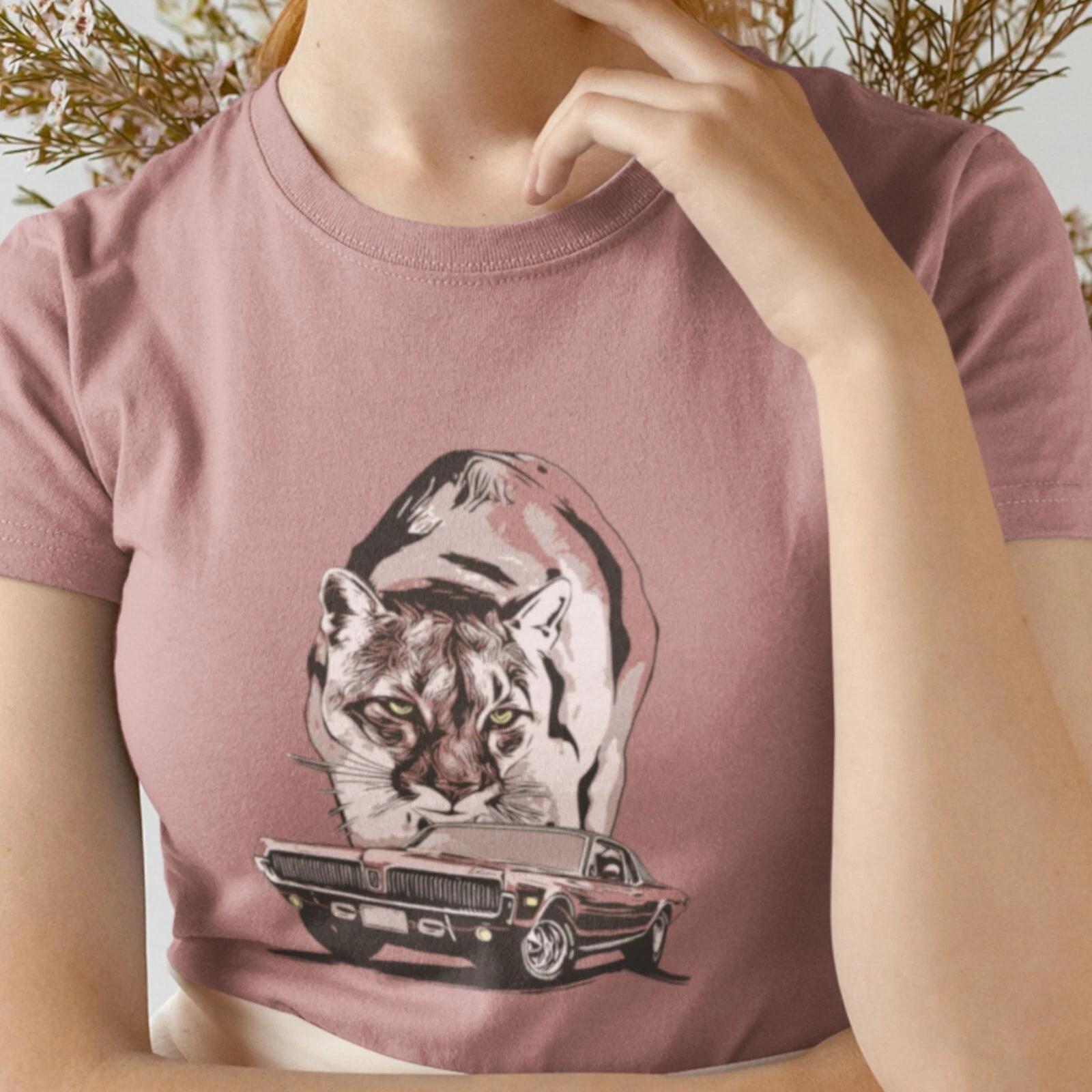 68 Cougar Unisex Jersey Tee, featuring Red 1968 Mercury Cougar with cat backdrop M
