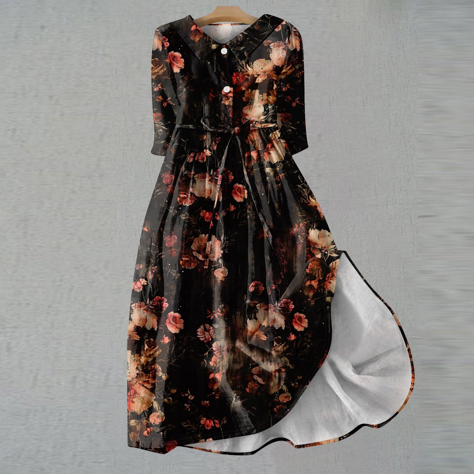 

Жіноча модна ретро-сукня з лацканами з квітковим принтом і три чверті L чорний