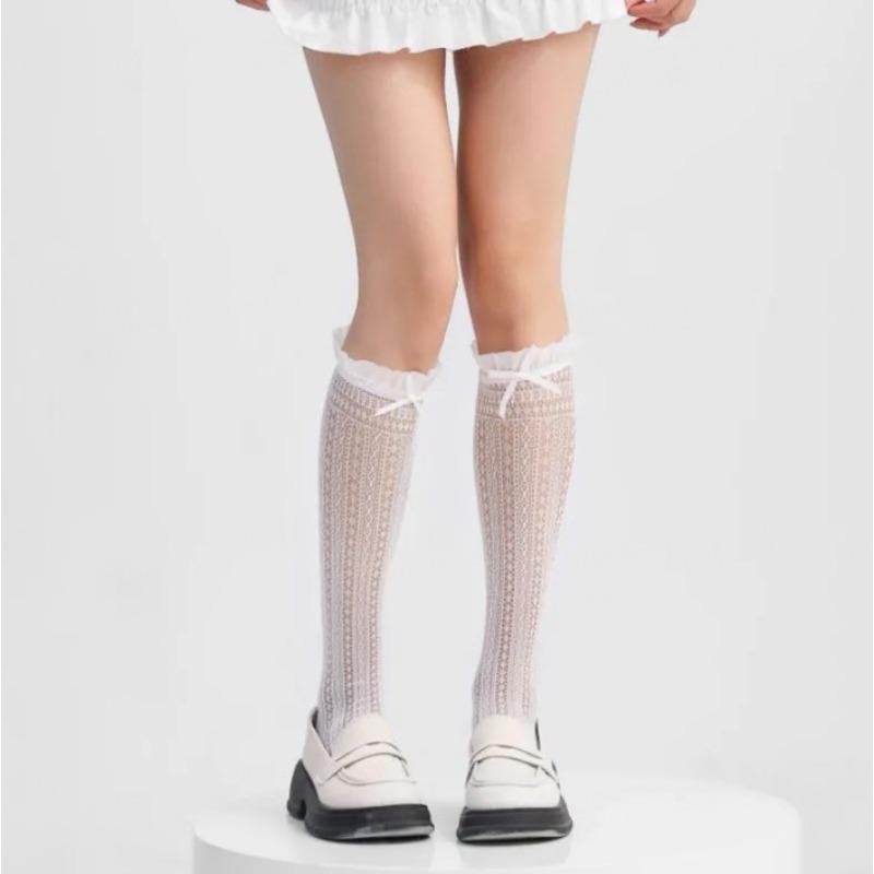 

Spring and Summer Lightweight and Breathable Mesh Stockings with An Academic Style, Cute Lace, Bow, and Openwork Patterns - Lolita Stockings 1 pair белый