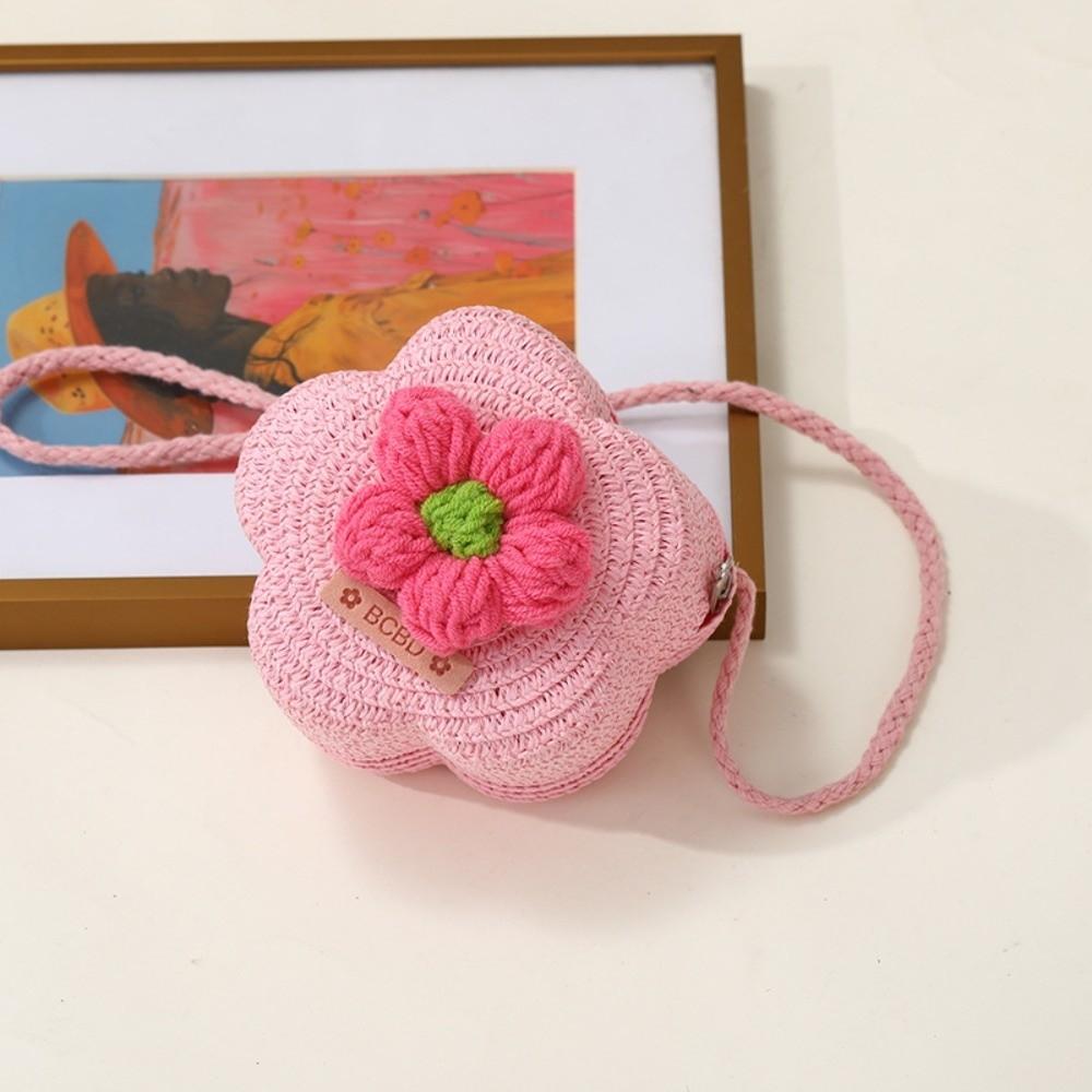 Cute Handmade Straw Bag Flower Shape Woven Shoulder Bag Summer Beach Bag for Children Girls