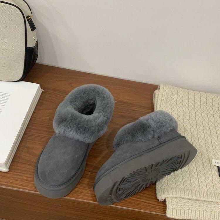 Leather thick-soled gray snow boots women's 2025 new winter fluffy shoes piled and thickened warm versatile cotton shoes