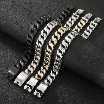 Polished Brushed Stainless Steel Cuban Chain Bracelet for Men Black Gold Color Nickel-Free Jewelry18-24CM Length Gift Wrapped