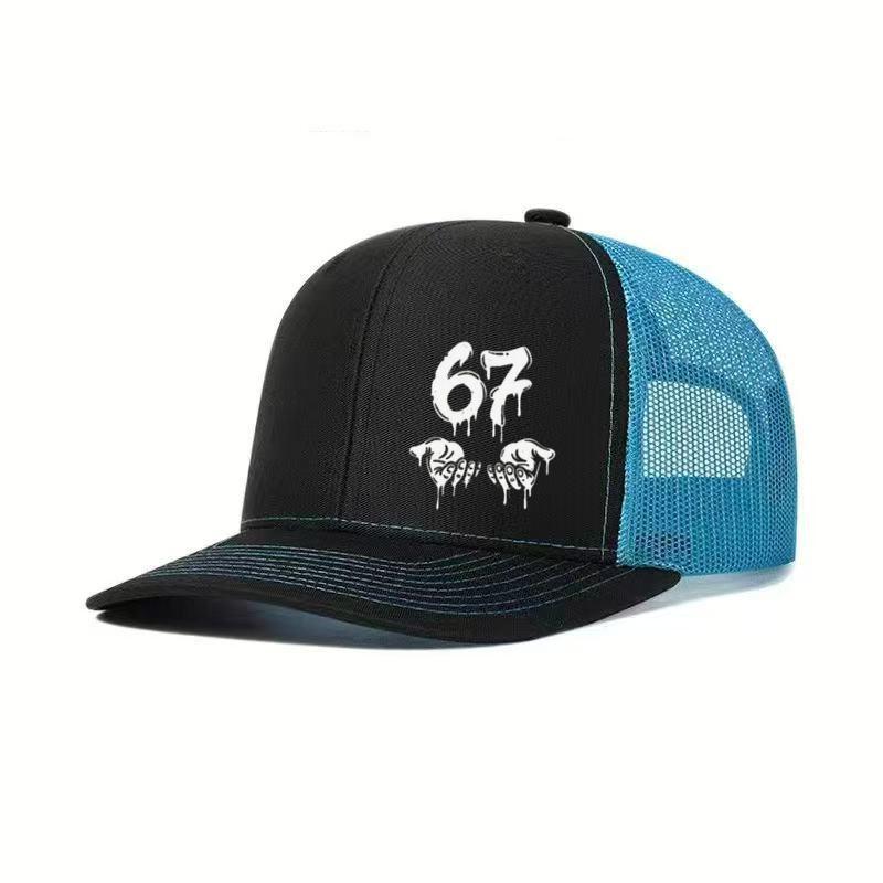 

1PC Graffiti 67 Gesture Logo! Color blocking mesh baseball cap, breathable mesh fabric+trendy design синій