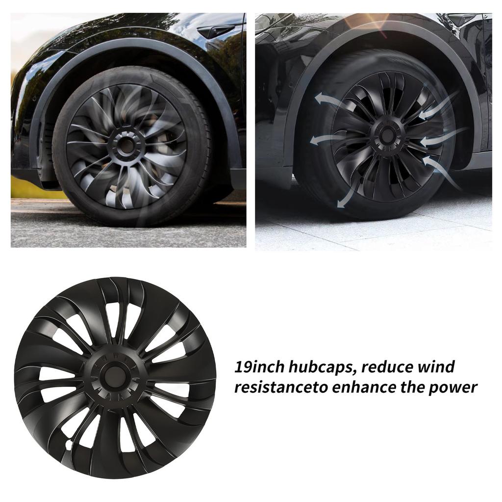4Pcs 19in Wheel Hub Cap Low Wind Resistance Protective Replacement for Tesla Model Y 2021‑2023 Matte Black