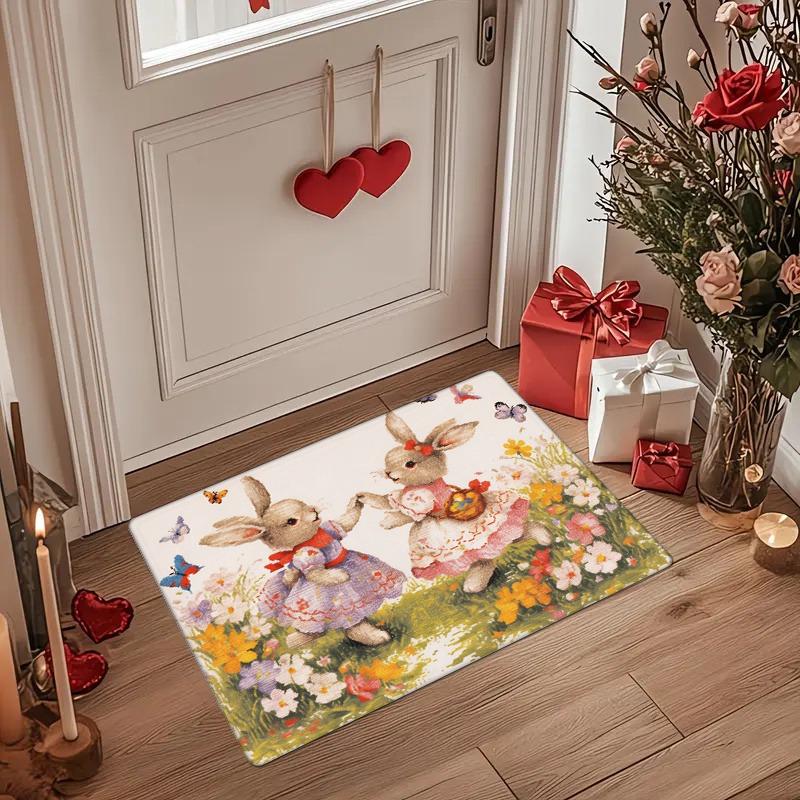 Soft and warm flannel Easter Bunny dance mat, non-slip machine washable floor mat