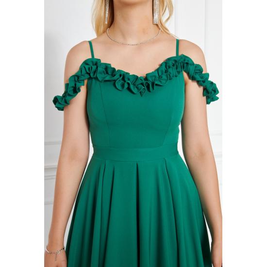 Women's Adjustable Strap Ruffle Detailed Collar Pleated Flared Midi Evening Dress