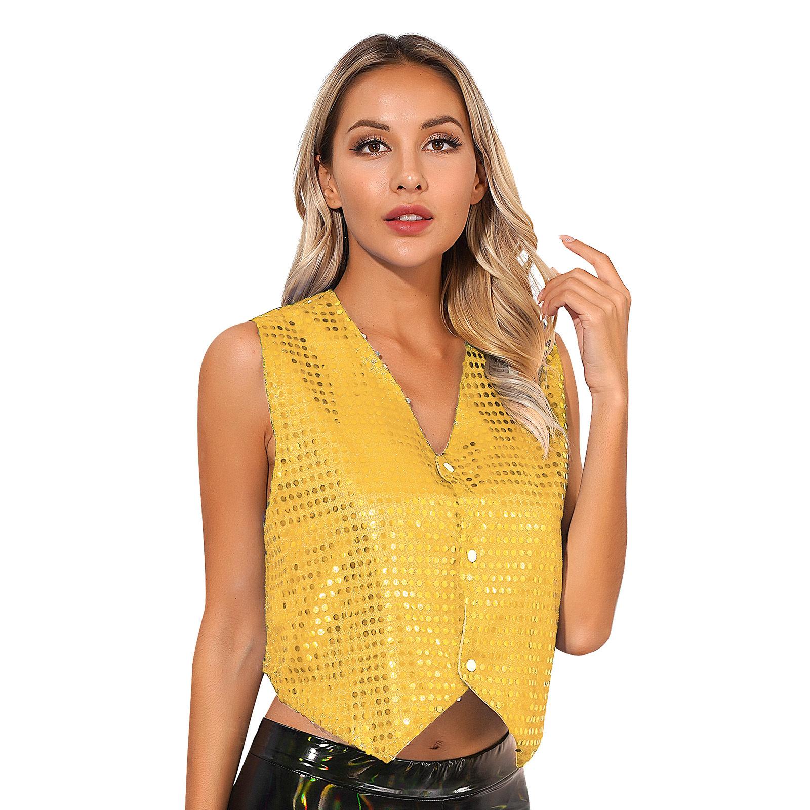 

Женский жилет с блестками и пайетками - Застегивающийся на пуговицы жилет с заостренным подолом для хора, джазового танца и сценического выступления S золотой