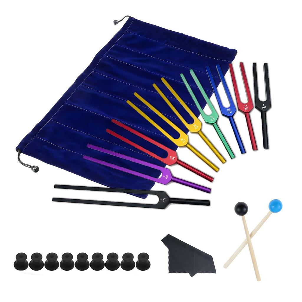 Isabally Tuning Fork Crystal Aluminum with Hammer for Chakra and 9-Piece Set Tuners, Alloy, & Base, Balancing, Therapy, Cleansing.