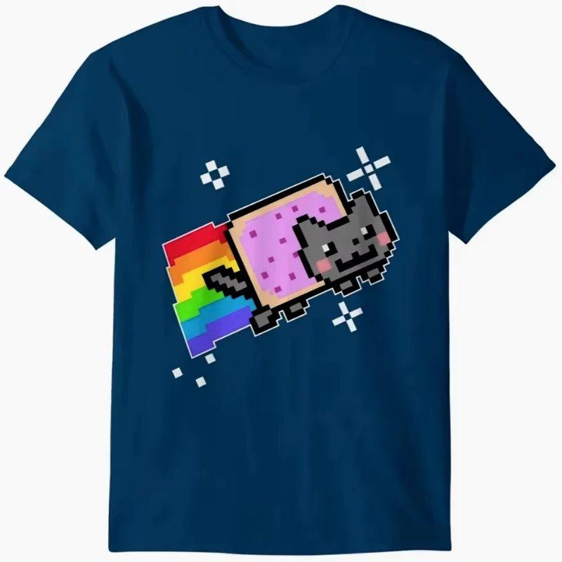 Funny Meme Creative Top Hip Hop Y2K Vintage Print Short Sleeve Nyan Cat with Rainbow T-Shirt Casual Loose Street Wear Unisex