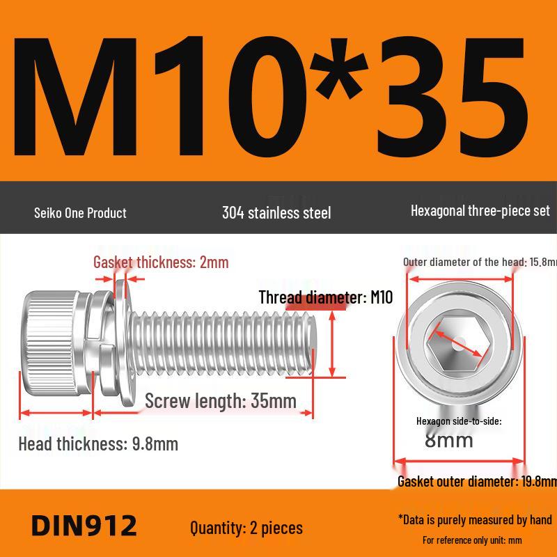 304 Stainless Steel Hex Socket Cap Screw with Washer - Sizes M3, M4, M5, M6, M8, M12