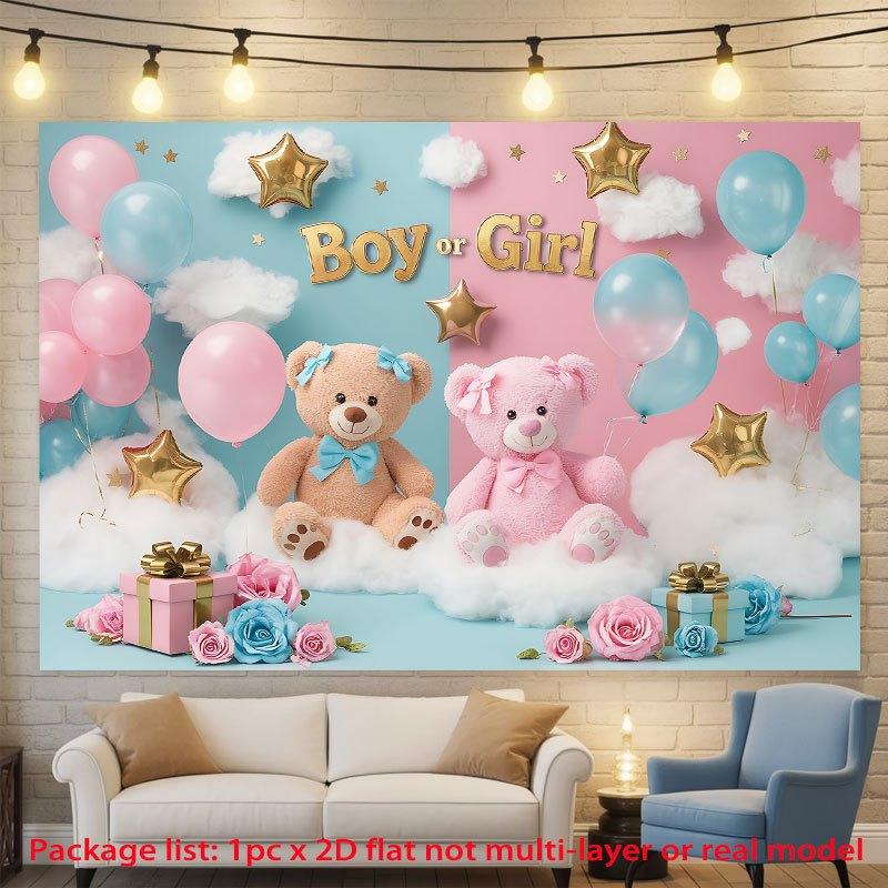 2D flat banner 1 piece per pack featuring a boy/girl baby gender reveal theme with bears balloons and clouds