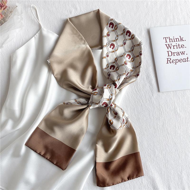 Thin and narrow long silk scarf Double-layer double-sided scarf Simulation silk female Korean version fashionable versatile decorative scarf literary