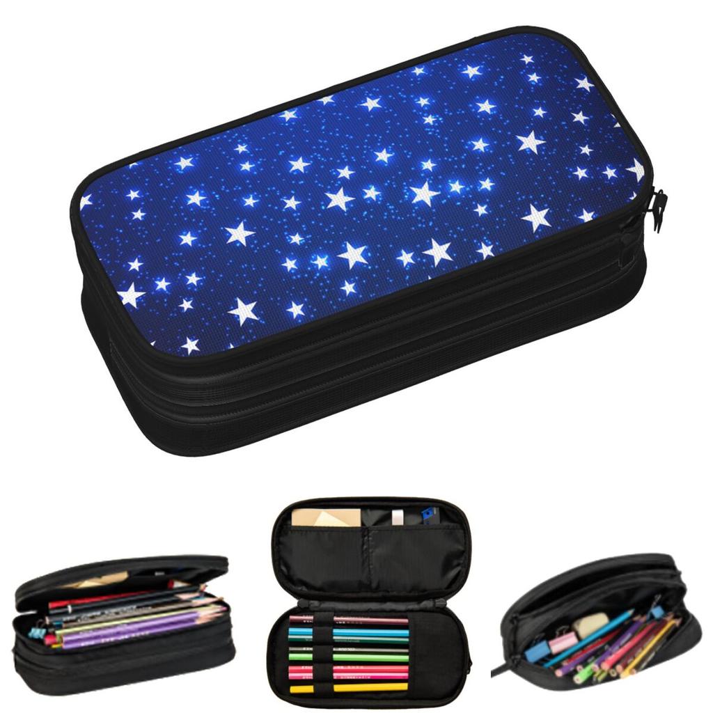 Navy Blue Sky And Stars Print Pencil Cases for Student School Pen Box Pencil Bag Large Storage Pencil Pouch