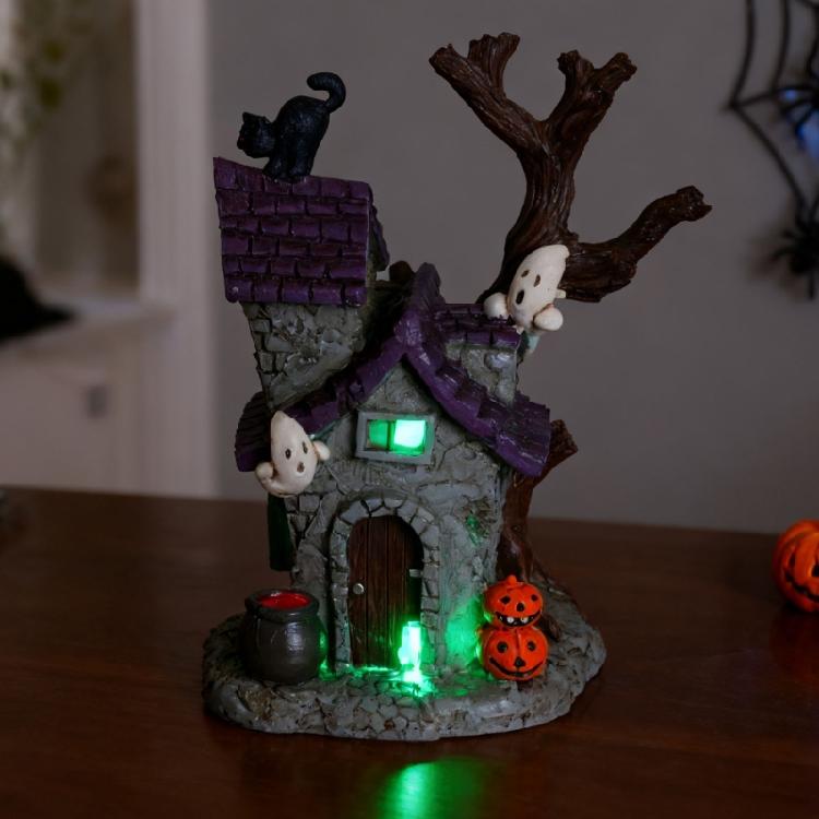 Resin Ghostly Town Haunted Houses Halloween Decorations Lighted Halloween Village Houses with LED Light for Table Desk