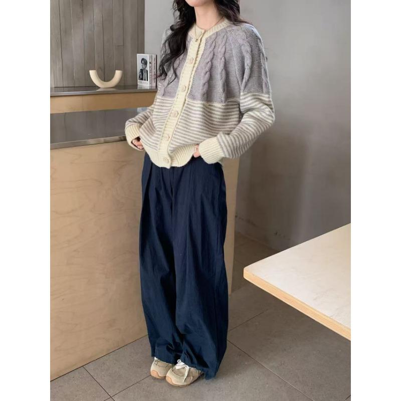 

Винтажный полосатый вязаный кардиган женская одежда осень и зима новый круглый вырез свободный повседневный ленивый ветер свитер куртка женская One size