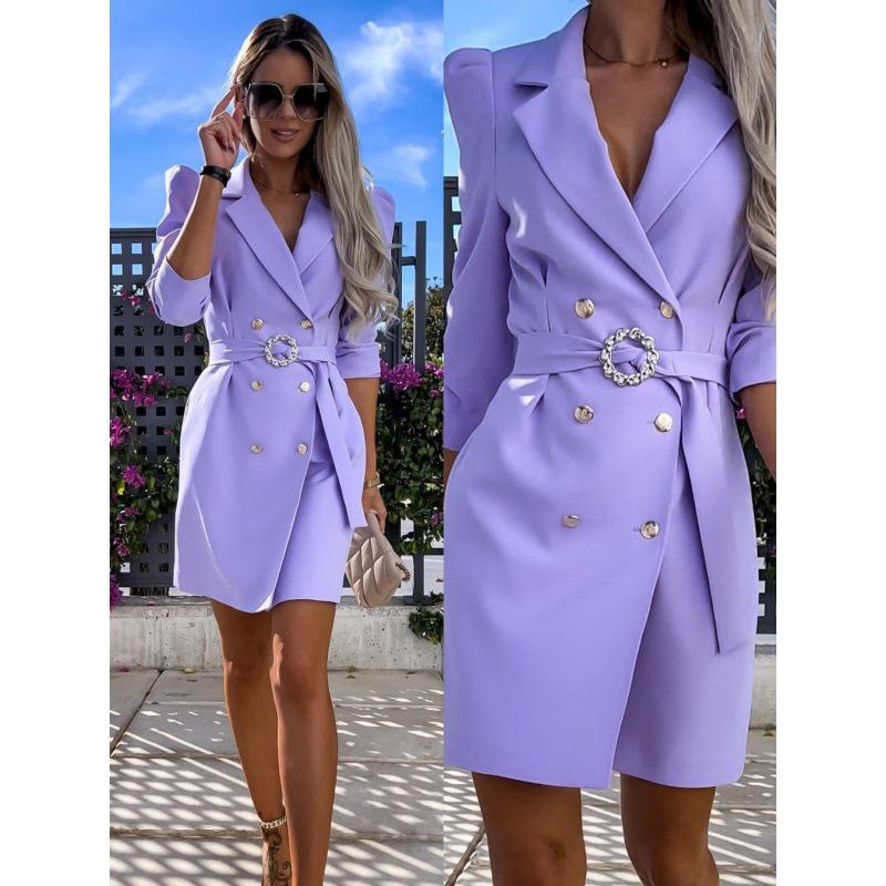 

2023 Double-Breasted Lapel Suit Jacket Dress with Belt Medium фіолетовий