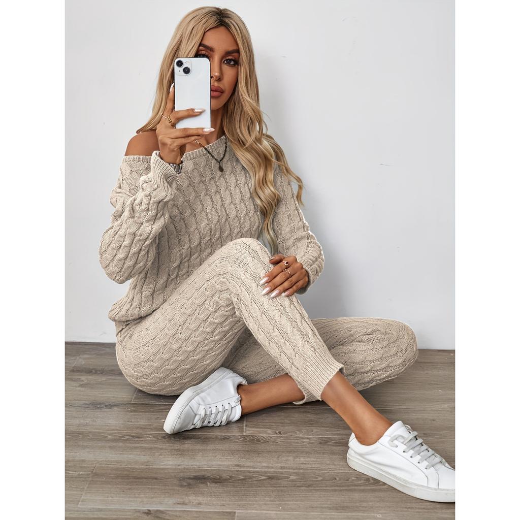 Conjunto de duas peças de malha sólida combinando, suéter casual de manga comprida e calças, roupas femininas