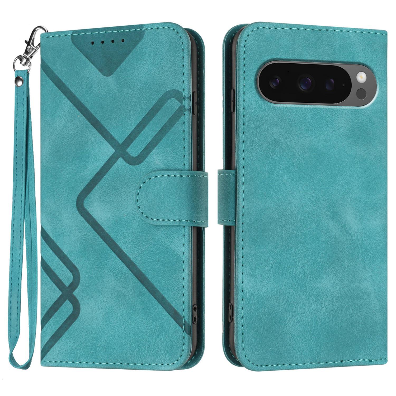 

For Google Pixel 9 Pro XL/Google Pixel 10 Pro XL Wallet Case Line Imprinted PU Leather Phone Cover with Strap Light Blue