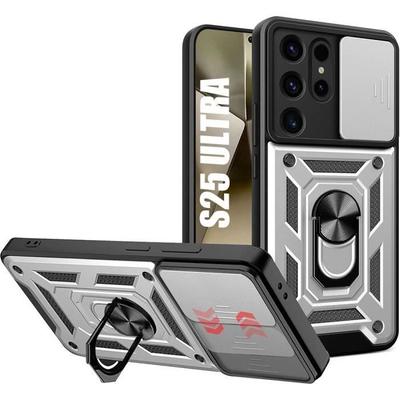Case for Samsung Galaxy S25 Ultra, Hard Shockproof Protection with Back Stand and Camera Protection - Silver