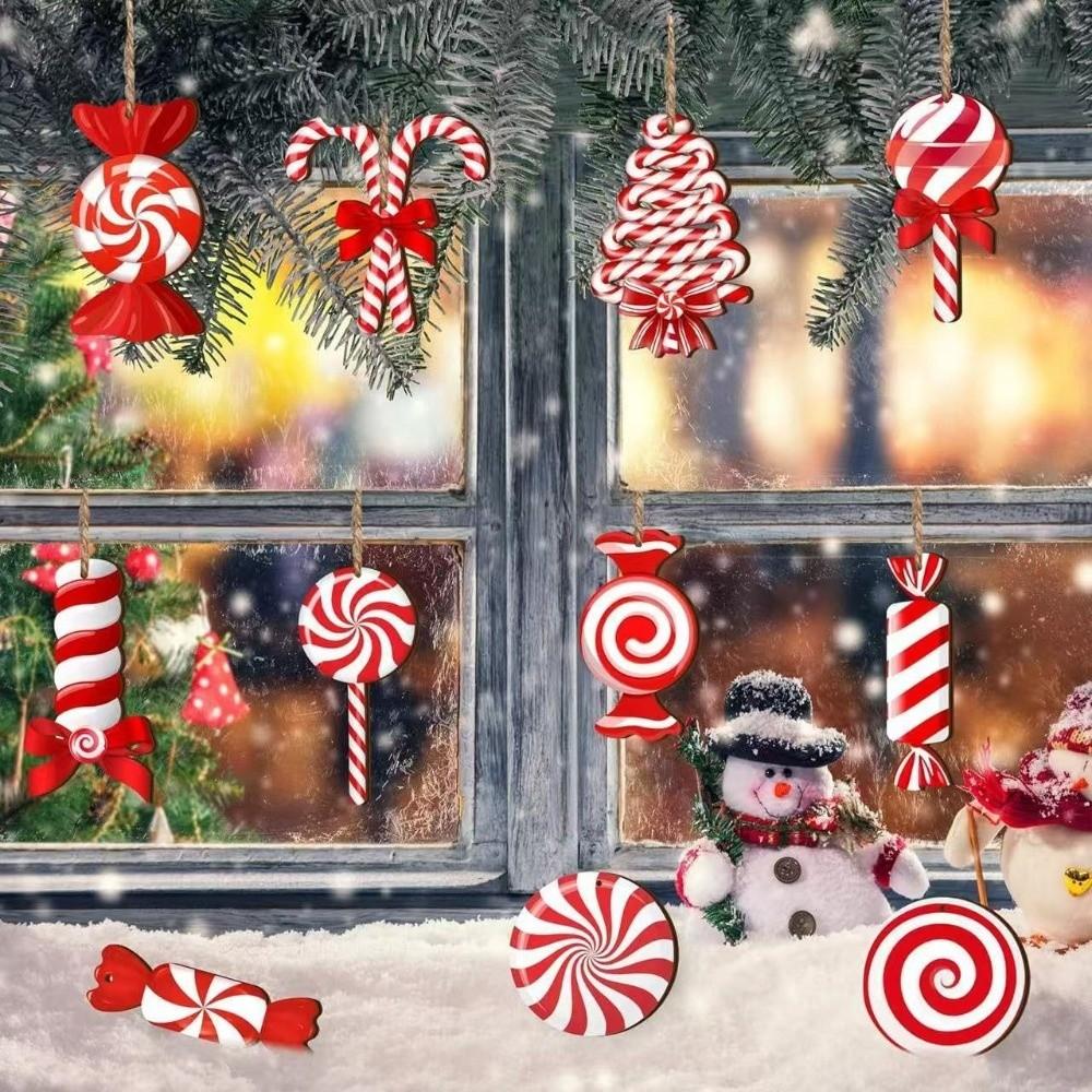 12 Stück Holz Weihnachtsanhänger Rote Zuckerstange Dekoration Neue Hängeornamente Neujahr