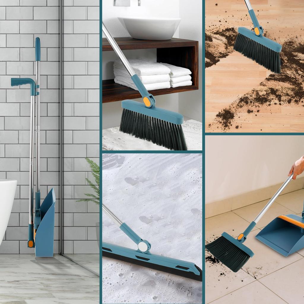 Household Standing Long Handle 180 ° Rotating Broom Dustpan Set Including Rotating Floor Wiper Blue