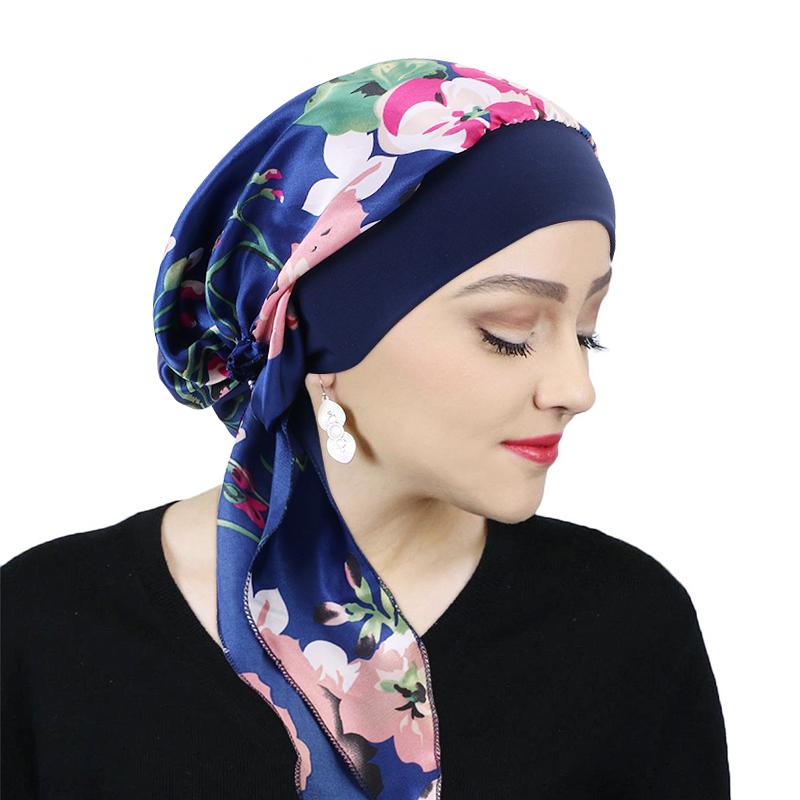 Women Satin Printed Turban Hat Stretch Wide-brimmed Nightcap Fashion Pre-tie Turban Wrap Head Cap Casual Durag Pirate Hat