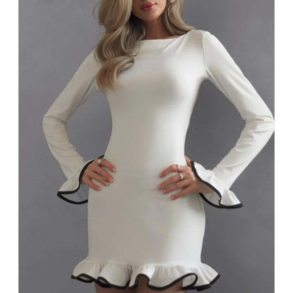 European and American dresses, autumn women s clothing, sexy fungus hemming design dresses, long sleeves, tight skirts S белый