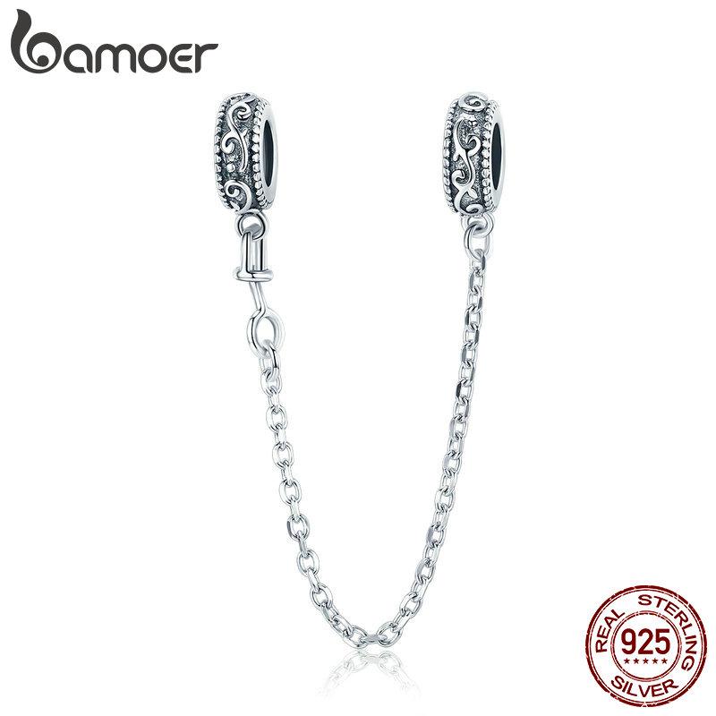 Bamoer 925 Silver Vintage Vine Pattern Safety Chain with Silicone Stopper for Original Charms Bracelet SCC1546
