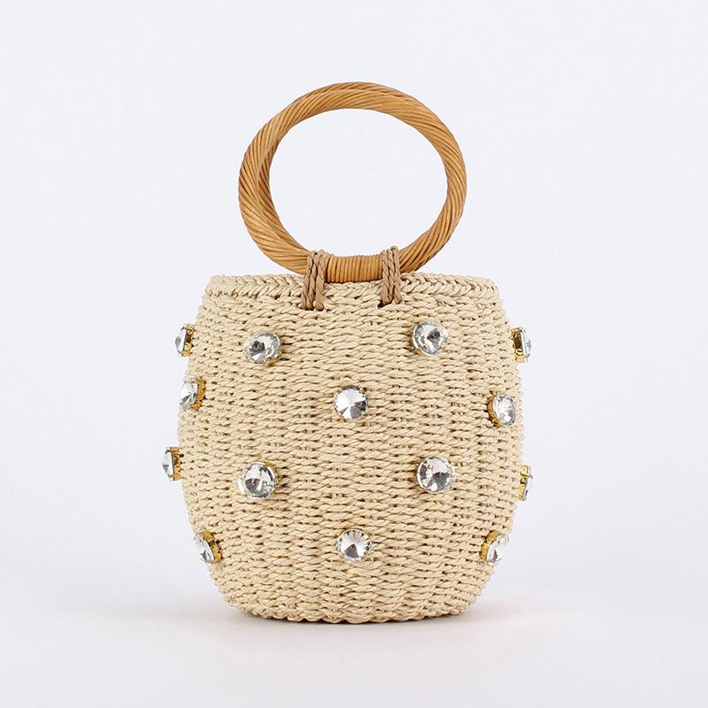 Bolsas de palha com diamantes verdes para mulheres, tecido à mão, rattan, sacola feminina, novas férias de verão, boêmia, praia