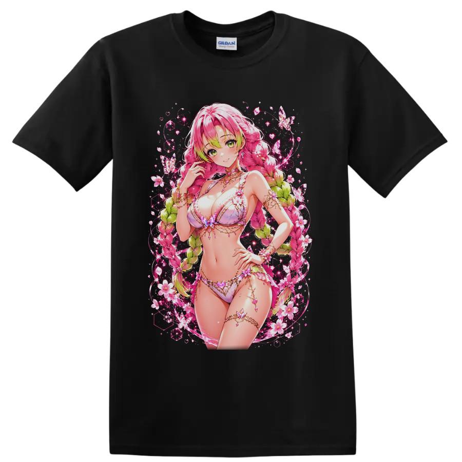 Anime Waifu T Shirt Pink Green Hair Butterfly Floral Fantasy Art Tee Gift Idea