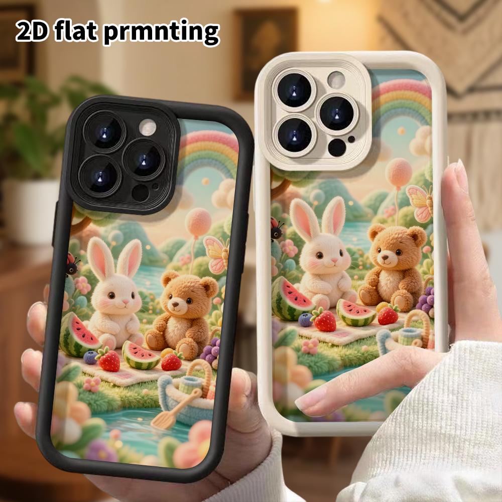 Phone Case: 2D Flat, Suitable for iPhone 18, 17, 16, 15, 14, 13, 12 Pro Protective Case, Picnic Rabbit and Little Bear, Perfect Christmas and Hallowee