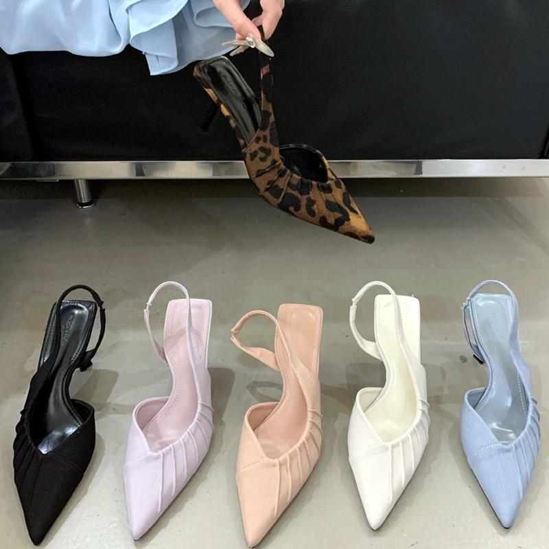 Fashion Flannel Pleated Pointed Toe High Heels Women Simple Buckle Strap Thin Heeled Sandals Summer Elegant Outdoor Casual Office Shoes