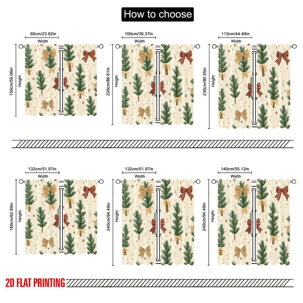 2pcs,2D Plane Printing Window Curtain Christmas Trees Bows Holiday_a Polyester Fabric (without Rod) Versatile All for Living