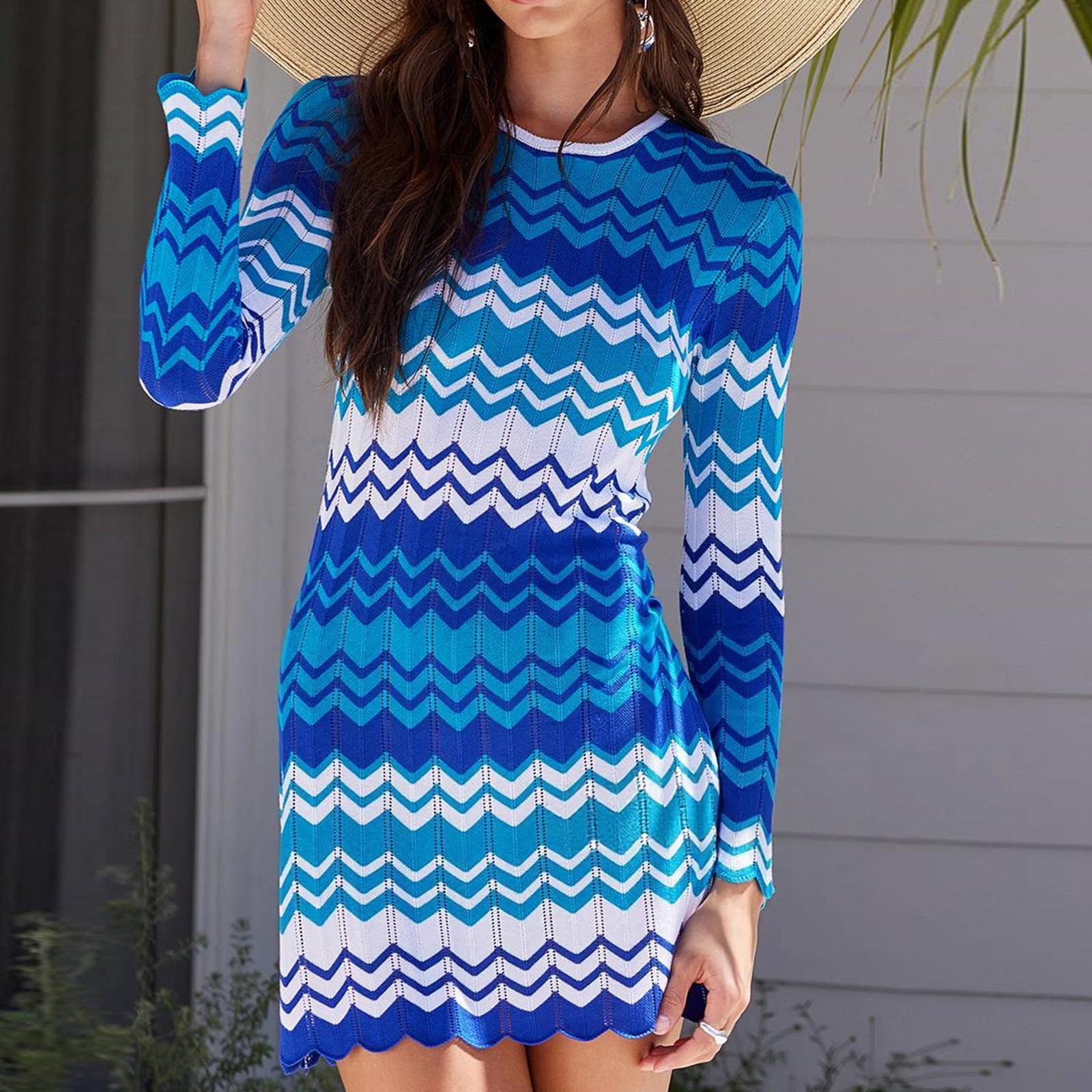 Women s  Round Neck Color Blocked Knitted Hollow Loose Striped Sweater Women s Dress L синий