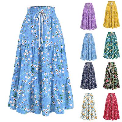 Women's Ruffled Spring Casual Long Skirt Plain Color Skirt Retro Pleated Skirt