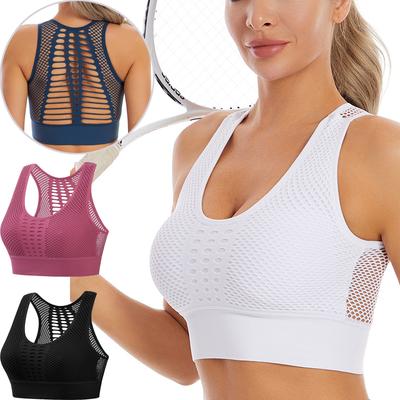 Damen Mesh Ausgeschnitten High Impact Sport-BH Bügellos Stoßfest Trainings-BH mit Herausnehmbaren Polstern für Yoga Laufen Fitness