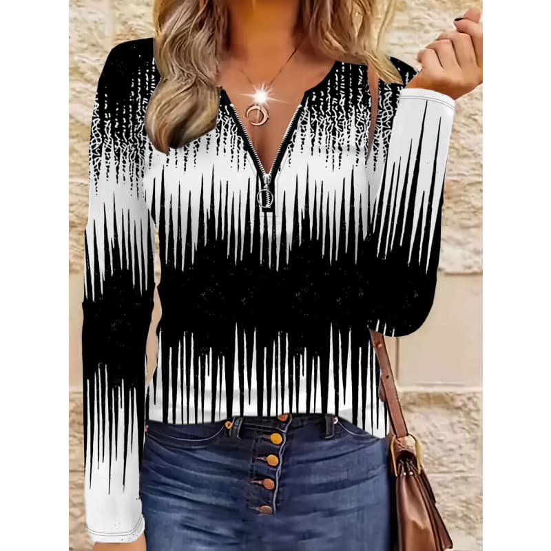 Women's Creative Printed Zipper Long-sleeved T-shirt, Breathable, Soft and Comfortable, Suitable for All-year-round Casual Wear