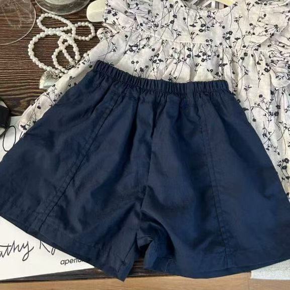 Girls Summer Floral Flutter Sleeve Top And Navy Blue Shorts Set Kids Casual Two Piece Outfit 80