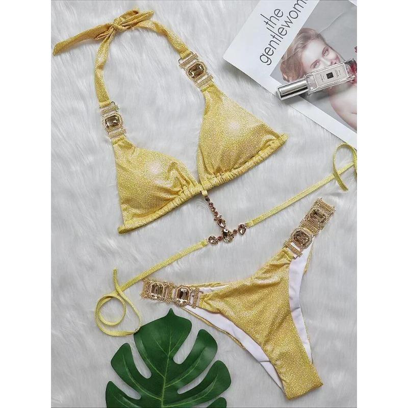 

2025 Блискуче стразове діамантове бікіні Жіночий купальник Жіночий купальний костюм Комплект бікіні з двох частин Халтер Металеві ланцюжки Купальний костюм L