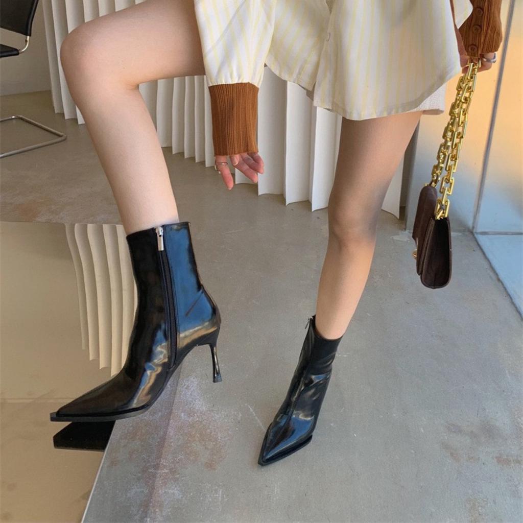 High Heeled Boots Fall and Winter European and American Versatile, Pointed Patent Leather Vintage Stiletto Brown Booties