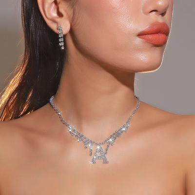 Luxury Sparkling Rhinestone Necklace Earring Set, Letter A Pendant, Tassel Necklace Earrings Two-piece Set