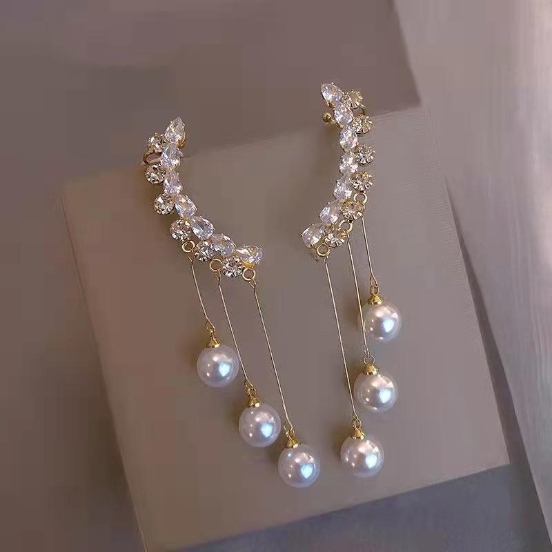 S925 Silver Zircon Tassel Earrings: Luxury Long Pearl Ear Clips for Women