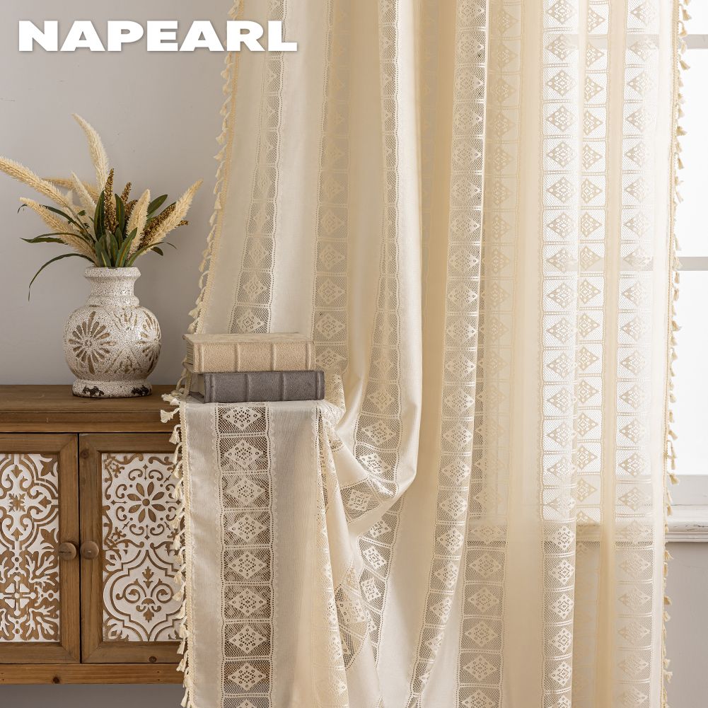 1PC NAPEARL Bohemian Style Jacquard Curtains Tassel Edge Rod Pocket Type Sheer Curtain for Living Room Bedroom Balcony Window Home Decor