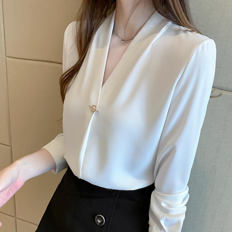 Autumn Chiffon White Shirt Women's Top OL Western Style Light Cooked Hong Kong Style Formal Suit Base V-neck White Shirt