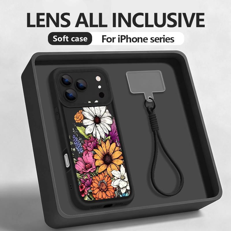 INS Sunflower Print Lanyard Case For iPhone 17 Pro Max iPhone 16 15 Pro Max 14 13 11 16E 17E Shockproof Bumper Wristband Cover