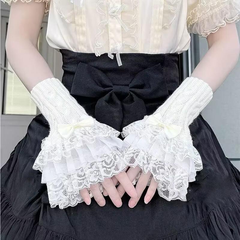 Lace Cute Girl Winter Detachable Warm Sleeves Sweet Sweater Decorative Knitted Fingerless Gloves Ruffled Universal Fake Cuff