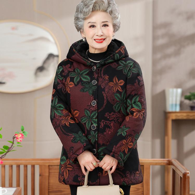 Grandma Winter Hooded Cotton Coat 60-year-old Elderly Women's Clothing Plus Velvet Thickened Warm Cotton Jacket Old Lady Mother Winter Clothes