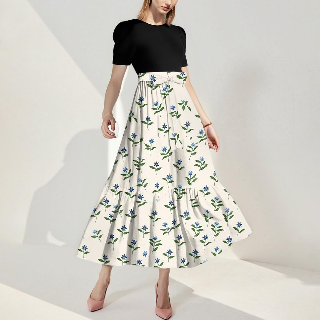 Damenmode Lässig Gürtel Kurzarm Rundhals Nähte Elegant Temperament Kleid