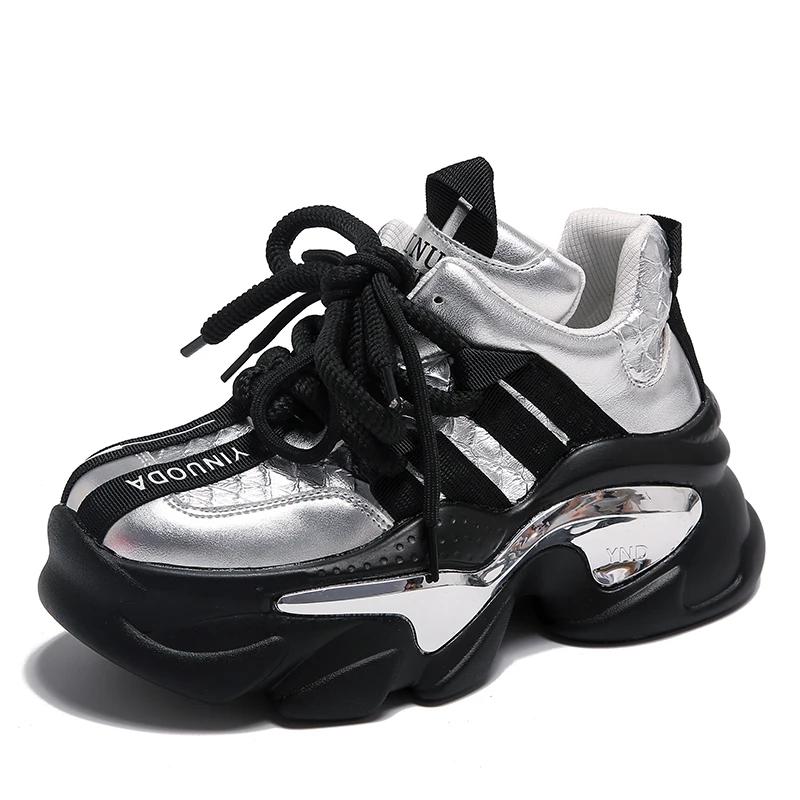 Fashion 8.5CM Autumn Chunky Sneakers for Women 2025 High Platform Sports Patchwork Leather Shoes Woman Lace-up Thick Bottom Dad Shoes